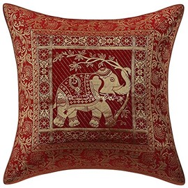 Stylo Culture Brocade Indian Bedroom Scatter Cushion For Settee Maroon 40 x 40cm Elephant Cushion Cover Jacquard Weave Home Decoration 16 x 16 Inches Throw Pillow Soft (1 Pc)