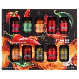 Kiri & Sons Gourmet Hot Sauce Sampler Gift Set of 10, Flavors Include Habanero, Scotch Bonnet, Jalapeno, Sriracha, Louisiana Style, Cayenne, Red & Green Chili and More, Variety Pack Gifts
