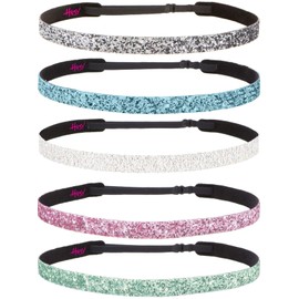 Hipsy Women's Adjustable NO SLIP Bling Glitter Headband Multi Gift Packs (Skinny Seafoam/Light Pink/Pearl/Light Blue/Gunmetal 5pk)
