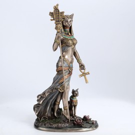 Veronese Design 10 3/4 Inch Egyptian Goddess Bastet Holding Sistrum Instrument and Ankh Cross with Cat Cold Cast Resin Statue Bronze Finish Sculpture