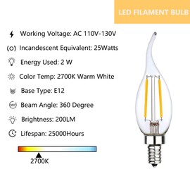 Sunaiony 25 Watt Equivalent LED Candelabra Bulbs Warm White 2700K LED Chandelier Bulb, E12 Bulb 2W CA Type LED Decorative Candelabra Base Bulb, 6 Pack
