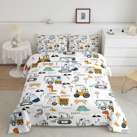 Construction Bedding Set Full Size Equipment Trucks Comforter Set for Kids Boys Girls Decor Dinosaur Comforter 3D Digital Print Yellow Duvet Set Bedroom Quilt Set