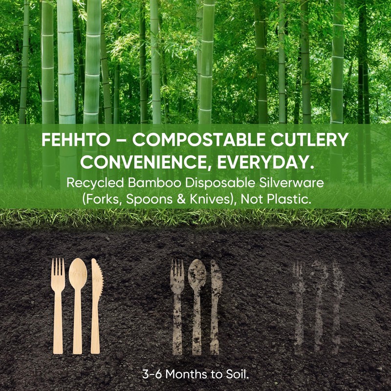 FEHHTO Disposable Bamboo Utensils Set, Compostable Cutlery, Eco-Friendly Disposable Silverware