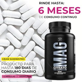 Citrato de Magnesio 100% Puro – 12% Magnesio Elemental – 180 Cápsulas de 500 mg (Suministro 180 Días) – Alta Calidad y Excelente Absorción – Fórmula d