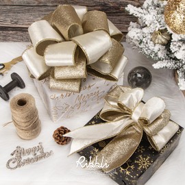 Ribbli Ivory Velvet Ribbon Wired 2.5 Inch Glossy Velvet with Champagne Glitter Christmas Ribbon for Christmas Tree Decoration Big Bow Gift Wrapping Crafts Wreaths Supplies - Continuous 10 Yards