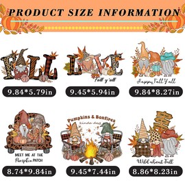6 Sheets Fall Iron on Transfers Autumn Iron on Patches Maple Leaves Gnomes Pumpkin Design Iron on Heat Transfer Stickers Thanksgiving Vinyl Decals Appliques for Clothes T-Shirt Bag DIY Decoration