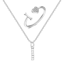 XSDSLS Silver Initial Necklace A to Z Letter Necklace Heart Initial Rings for Women Girls Letter Pendant Necklace Charm Choker Cubic Zirconia Letter Necklaces Initial Heart Stackable Rings (I)