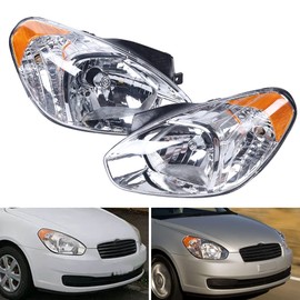 Hteedy Halogen Front Head Light Lamp For 2006-2011 Hyundai Accent Headlamp Assembly, 921011E010, 921021E010 (Driver + Passenger Side)