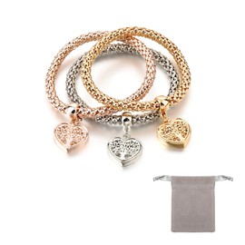 Set Of 3 Love Tree Of Life Bracelets With 1 Light Gray Storage Bag, Crystal Charm Multilayer Bracelet, Adjustable Charm Bracelet, Tree Of Life Stretch Bracelet For Women And Girls