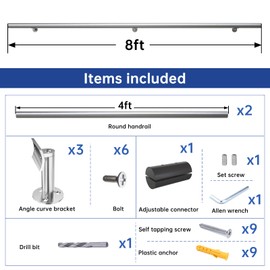 Muzata 8Ft Pre-drilled Stair Handrail 2" OD Round Brushed Wall Mounted Handrail Stainless Steel Safety Hand Rail Indoor Outdoor Stair Hand Railing Wood Concrete Brick Wall, HK27 SL4