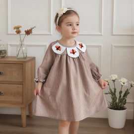 Motlapol Toddler Girl Thanksgiving Smocked Dress Long Sleeve Peter Pan Collar Turkey Embroidery Striped Dress Fall Outfits (Brown, 3-4 Years)