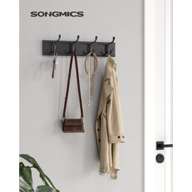 SONGMICS Wall-Mounted Coat Rack, Hook Rack, 4 Dual Metal Hooks, for Coats, Bags, Keys, in The Entryway, Bedroom, Living Room, Black ULHR023B01