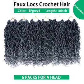 Faux Locs Crochet Hair 10 Inch Ombre Goddess Locs Crochet Hair for Women Soft River Locs Curly Pre Looped Crochet Braids with Curly Ends Boho Hippie Locs Synthetic Hair Extensions(6 packs, 1b/grey)
