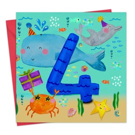 Twizler 4th Birthday Card for Boys - Sea Animals - Age 4 Happy Birthday Card - Fourth Birthday Card for Boy - Son 4 Year Old Childrens Card - Grandson Birthday Card Age Four