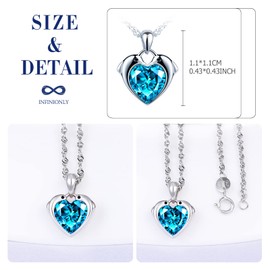 INFINIONLY Women's girl's heart Necklace Pendant, Elegant 925 sterling silver necklace, Cute dolphin - heart necklace pendant, With 45cm chain, Inlaid shining zircon, ocean blue