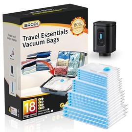 Brodi 18 Pack Combo Bolsas de Viaje al Vacío con Bomba - Bolsas Ahorradoras de Espacio y Esenciales de Viaje, Bolsas de Vacío para Ropa y Equipaje