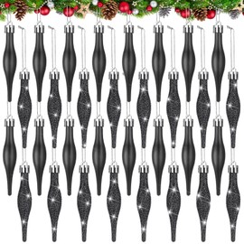 Halloscume 32 Pcs 3.5 Inch Black Finial Christmas Ornaments Vintage Glitter Matte Shatterproof Plastic Retro Hanging Christmas Finials Ornaments for Xmas Tree Party Holiday