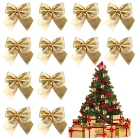 Pack of 12 Christmas Bows - Christmas Golden Bow Decorations, Glitter Christmas Tree Bows Christmas Tree Decorations for Family Celebrations Party Decoration, Christmas Tree Bow Bow