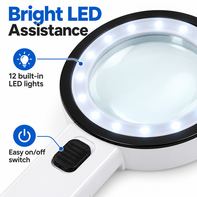 30X Handheld Magnifying Glass for Reading – 12 LED Illuminated