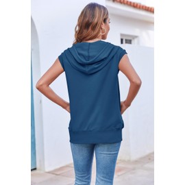 Fisoew Women's Sleeveless Zip Up Cotton Hoodies Casual Loose Fit Drawstring Sweatshirts Lightweight Jackets Vest with Pockets Navy