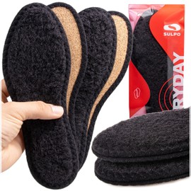 SULPO 2 Pairs of Winter Insoles - Soft, Warm Insoles, Sheep's Wool and Cork - Shock Absorption thanks to Natural Cork - Thick Thermal - Black Winter Insoles - 39