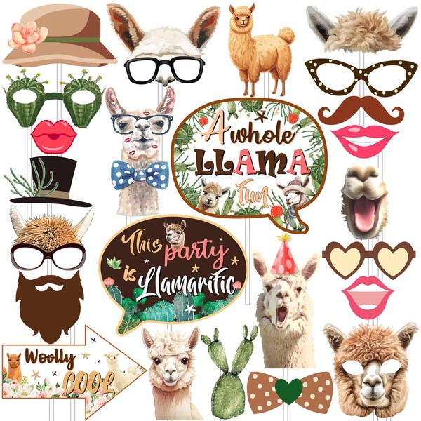 Cheereveal 24Pcs Funny Llama Photo Booth Props, Alpaca Cactus Selfie