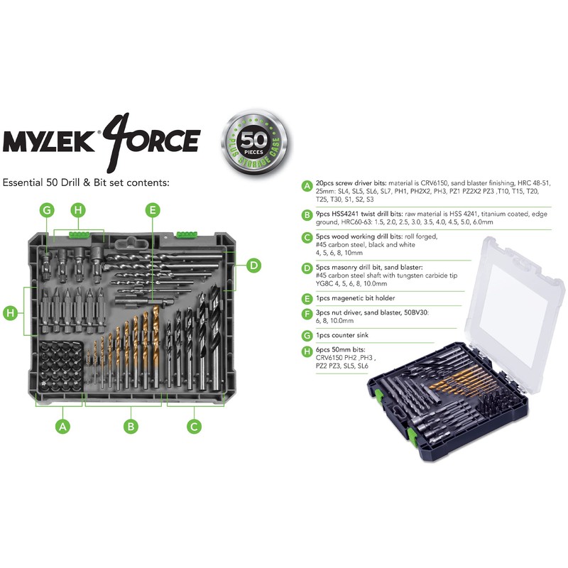 MYLEK 50 Piece Drill Bit And Screwdriver Accessory Set -