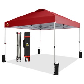 CROWN SHADES 10x10 Pop Up Canopy - Beach Tent with One Push Setup - Easy Outdoor Sun Shade for Events, Parties, Camping - Gazebo with STO-N-Go Cover Bag, Silver Coated Top, Red
