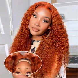 JonLiarge Ginger Deep Wave Lace Front Wigs Human Hair Wear and Go Glueless Wigs Human Hair Pre Plcked Pre Cut 5x5 HD Lace Closure Wigs Curly Wig 180% Density 20 Inch