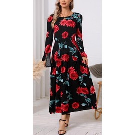 Kormei Women Casual Loose Long Sleeve Crew Neck Elastic Waist Fall Dress A Line Boho Flowy Tiered Cocktail Maxi Long Dress XL Black Floral