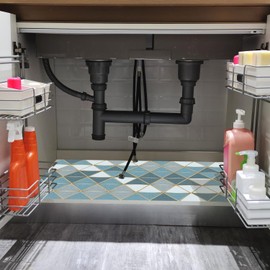 SFSGQZTZ Under The Sink Mat, 24 X 36 in, Durable & Waterproof Premium Mats to Protect Kitchen & Bathroom Cabinets, Absorbent & Easy to Clean Shelf Liner(Blue & White)