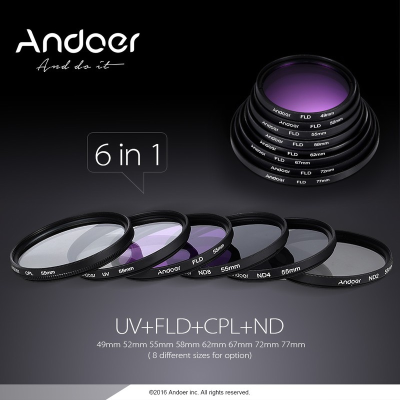 Andoer 72mm Lens Filter Kit UV+CPL+FLD+ND(ND2 ND4 ND8) with Carry