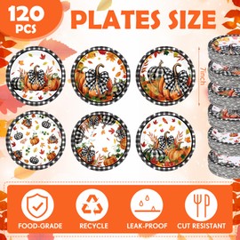Funnymoom 60 Pcs 7 Inch Fall Pumpkin Paper Plates Thanksgiving Black Buffalo Plaid Plates Decorations Orange Pumpkin Leaves Tableware for Thanksgiving Autumn Harvest Birthday Farmhouse Party Supplies