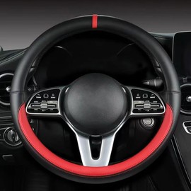 YOUDAXIN Morandi color steering wheel cover, Nappa leather, fashionable sporty style, universal 15 inches, Black and red