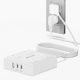 Flat Plug Power Bar with Surge Protector, 5 Ft Ultra-Thin Extension Cord, 4 Multi Outlets & 3 USB (2 USB-C), Surge Protector Power Strip, Wall Mount Charging Station for Home, Office & Dorm, White