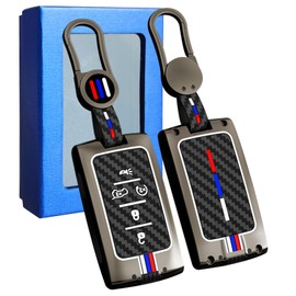 Yumzeco Compatible with Jeep Key Fob Cover,Key Fob Shells Case for 2021-2024 Jeep Grand Cherokee L 2022-2024 Grand Cherokee 2022 2023 Wagoneer,Metal Shell Carbon Fiber Pattern Silicone Protection