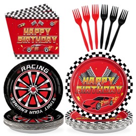 Grencian 96Pcs Red Race Car Happy Birthday Party Decorations Supplies Hot Car Plates and Napkins Racing Themed Checked Flag Tableware for Boys Transportation Birthday Party Decorations Serve 24