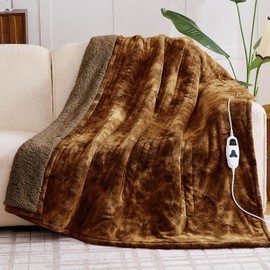greenoak Heated Electric Blanket Throw, Faux Fur Sherpa Heating Blanket for Sofa Bed, Warm Winter Gifts for Women/Men, Heater Lap Blankets 5-Position Timer &10 Heating Levels ETL&FCC 50 * 60" Brown