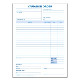 Variation of Order Book for Project Alterations – Ideal for Builders, Plumbers, Carpenters, Electricians & Trades. A4 (210x297mm), 3-Part Carbonless NCR, 50 Sets per Book (70239)