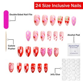 Valentines Press on Nails Short Almond SWEKKE Fake Nails False Nails with Designs Cherry Pink Bow Heart Lips Flower Colorful Glossy Glue on Nails Acrylic Nails for Women Girls 24 Pcs