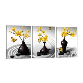 Zlove Bathroom Wall Art Zen Meditation Stone Wall Decor Yellow Flower Butterfly Picture Print for Spa Message Yoga Room, 12"X16", 3Pcs