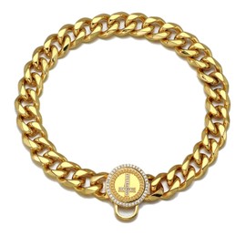 Gold Cat Dog Collar Kitten Puppy 12mm Wide Stainless Steel Kitten Choker Curb Chew Proof Cuban Link 1/2inch Chain Hip Hop Cross Button Buckle