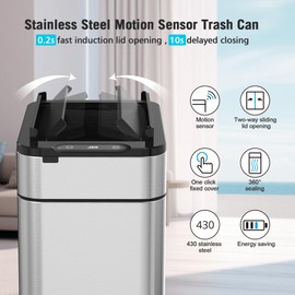 Otpermen 50 Liters/13.2 Gallon Silvery Stainless Steel Motion Sensor Trash Can,Rectangular Smart Trash Can for Living Room, Bedroom, Kitchen, Bathroom, and Office
