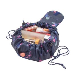 Cosmetic Bag with Drawstring, ONEGenug Makeup Bag, One-Step Organiser Makeup Bag for Lazy Women, Dark Blue Flamingo, Cosmetic bag
