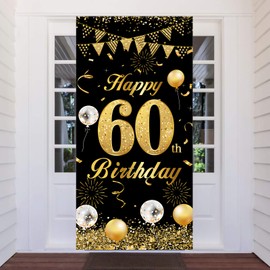 60th Birthday Banner Black Gold, 60th Birthday Decoration Door Background for Men Women, Large Fabric 60th Birthday Party Decoration Door Banner for Table Wall Decoration, 180 x 90 cm