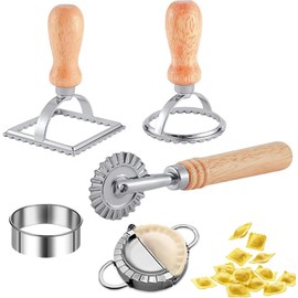 Ravioli Maker Stamp Cutter with Roller Wheel Set,for Ravioli, Pasta, Dumplings, Lasagna, Leading Dough Cutter and Press Stamps (Set of 5)