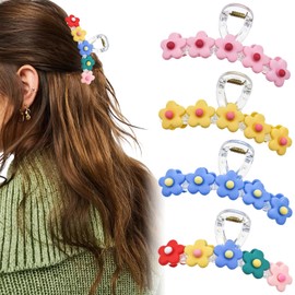 4 Pack Flower Large Hair Claw Clips Spring Summer Floral Hair Accessories for Women Thick Curly Thin Hair (Color + Pink + Blue + Yellow)