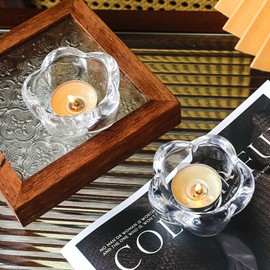 CEIERPH Crystal Flower Tea Light Candle Holders, Set of 2, Glass Candlestick Holders Tray for Bathtub, Bathroom, Livingroom