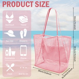 Summer Mesh Beach Bag with Zip Pocket Reusable Foldable Sac De Plage including The Same Color Waterproof Phone Bag for Woman (Pink)