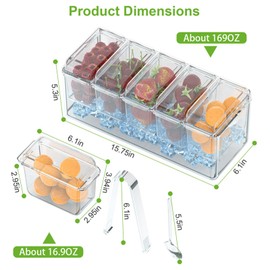 KOCASO Ice Chilled Condiment Caddy, Condiment Server with Ice Tray, 5 Compartment Container Chilled Bar Garnish Holder with 5 Removable Containers 5 Lids 2 Tongs 5 Sporks for Fruit, Salad